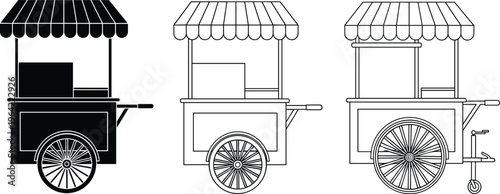 Street food cart vector set, mobile vendor stall illustration, vintage pushcart kiosk design, market booth icons collection, flat vector illustration