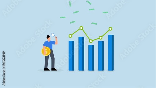 Financial market, 4k animation of businessman investor grasping currency coin examines financial diagram and chart