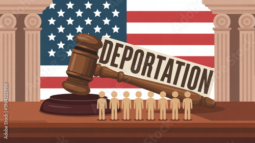 Deportation concept with gavel and people in front of us flag background
