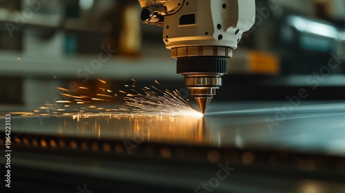 Laser cutting process modern manufacturing facility industrial technology sparks flying close-up view precision engineering