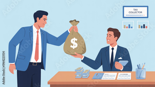 Businessman receiving money bag from colleague at office desk with tax collection documents