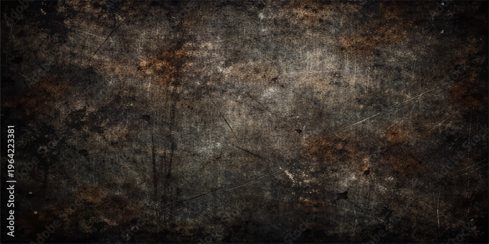 Fototapeta premium Dark aged grunge texture with a weathered brown rusty metal pattern on an old dirty concrete wall surface for a vintage paper backdrop design