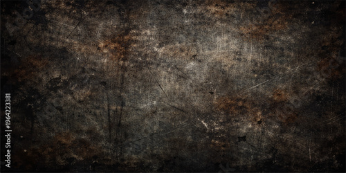 Dark aged grunge texture with a weathered brown rusty metal pattern on an old dirty concrete wall surface for a vintage paper backdrop design
