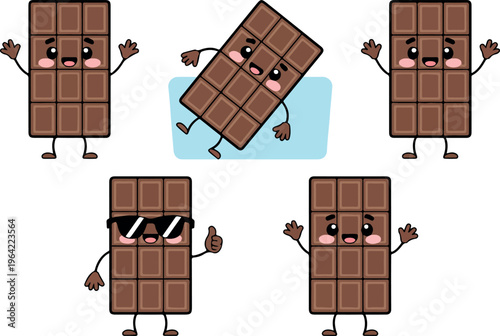Cute chocolate bar character vector set with funny faces, smiling candy mascots, sweet dessert cartoon collection flat illustration isolated