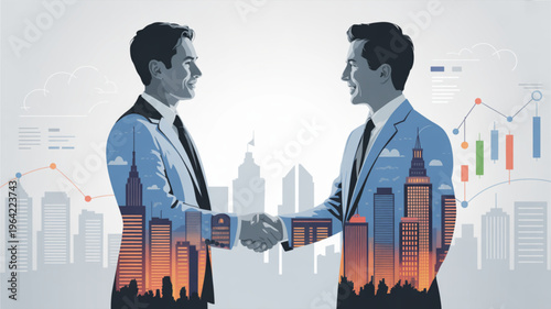 Two businessmen shaking hands with cityscape and graphs in background symbolizing partnership and financial deal
