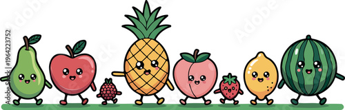 Cartoon vector set of funny fruits with smiling faces, cute fruit characters, playful healthy food collection flat illustration isolated