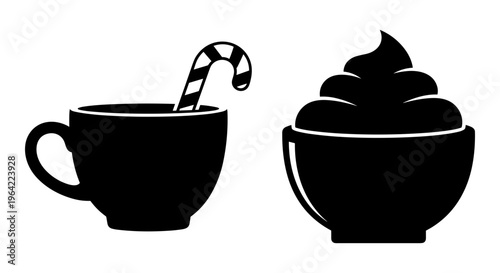 Black silhouette coffee cup with candy cane, hot chocolate mug with whipped cream, winter beverage vector icons for cafe menus