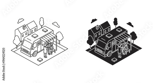 Isometric camper van life vector set, black and white motorhome camping scene, recreational vehicle with awning and outdoor furniture, 2 line art assets