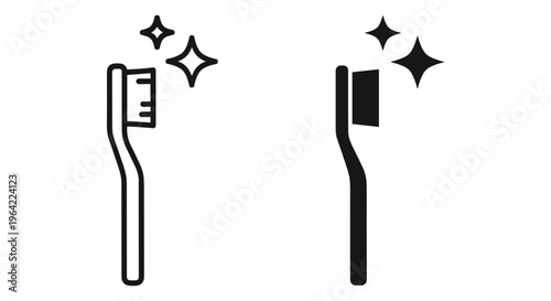 Minimalist toothbrush icon set, dental hygiene symbols with sparkling clean stars, black and white vector illustrations for oral care branding