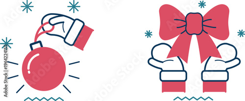 Whimsical holiday gift-giving and gift-receiving illustrated by cartoon hands