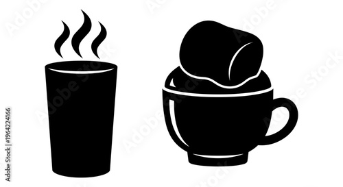 Minimalist hot chocolate and coffee cup icons, black silhouette vector set of steaming beverage mug and cup with marshmallow, cafe drink symbols