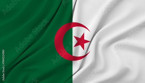 Algerian national flag with green and white vertical bands and red crescent star.