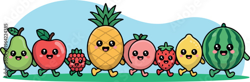 Cartoon vector set of funny fruits with smiling faces, cute fruit characters, playful healthy food collection flat illustration isolated