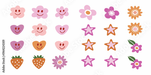 Collection of colorful whimsical stickers featuring flowers fruits and stars