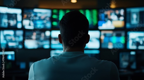 Monitoring cybersecurity threats security operations center digital realm informative image high-tech environment rear view vigilance concept