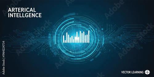 Artificial Intelligence Data Analytics Interface with Futuristic Digital Dashboard, Machine Learning Visualization, Big Data Processing and Technology Network Background Design