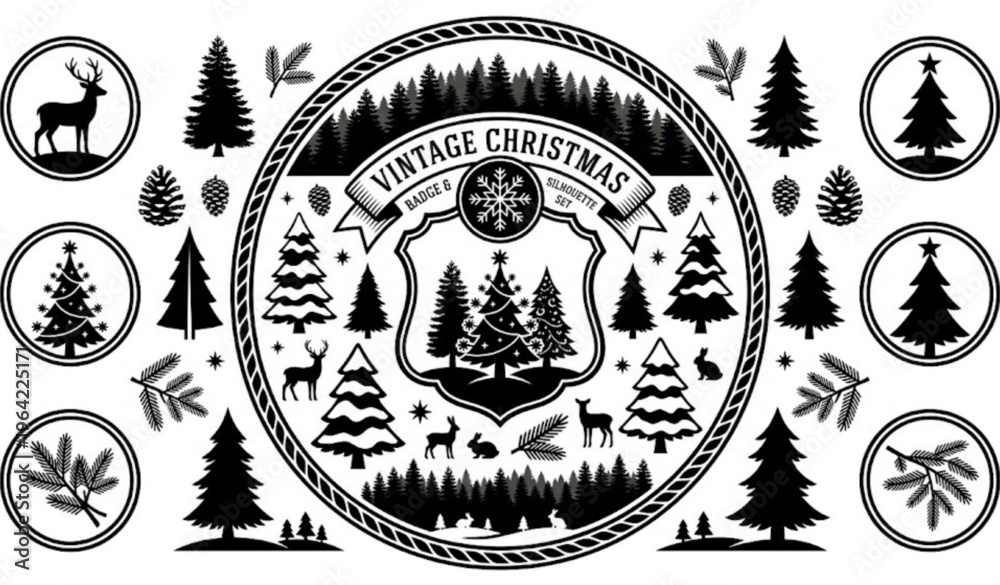 Fototapeta premium Vintage Christmas tree silhouette collection with classic winter forest elements in circular layout isolated on white