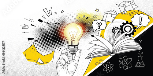 Creative Learning and Problem Solving Concept with Hand Holding Lightbulb, Open Book, Knowledge, Innovation, and Ideas in Modern Pop Art Style