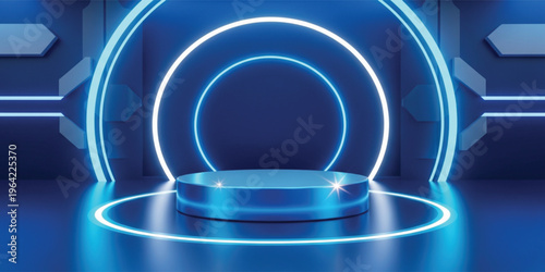 Futuristic Blue Neon Podium Stage with Glowing Circular Lights and Modern Technology Background for Product Display, Digital Showcase, and Sci Fi Presentation Design