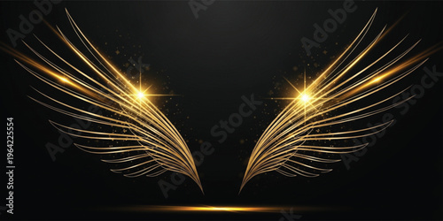 Golden Angel Wings with Sparkling Light Effects on Dark Background for Luxury Design, Fantasy Illustration, Spiritual Symbol, and Elegant Decorative Presentation