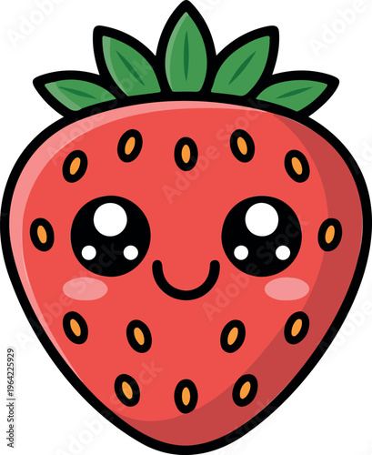Cute happy strawberry character emoticon with smiling face, funny fruit mascot, playful kawaii fruit expression vector illustration isolated