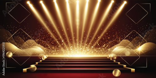Luxury Golden Stage with Spotlight Beams and Glitter Particles for Award Ceremony Background, Red Carpet Event Showcase, and Elegant Celebration Presentation Design
