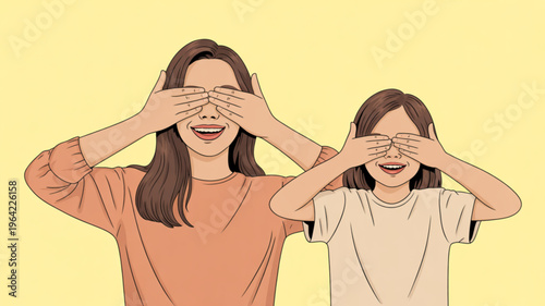 Smiling mother and daughter covering their eyes on yellow background expressing playfulness and secrecy