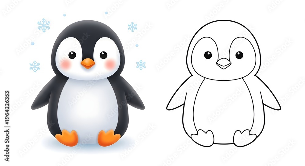 Naklejka premium Colorful penguin illustration with black and white line art