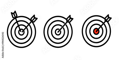 Progressive arrow target icons, three stages of achieving success, red center point hit, minimalist line vector