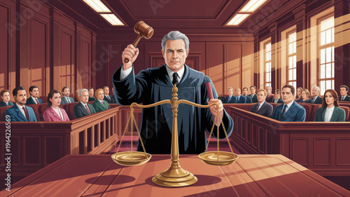 Judge banging gavel holding scales of justice in a courtroom with spectators