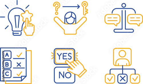 Illustrations representing decision-making, communication, and verification processes