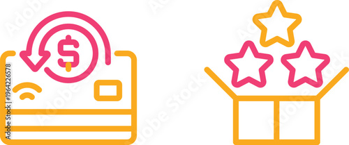 Shopping cart with money symbol and gift box with stars for rewards or discounts