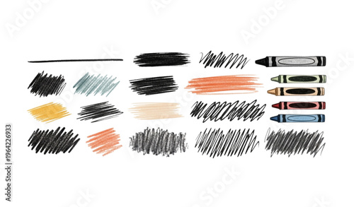 A colorful vector illustration of crayon marks and crayons on a white background