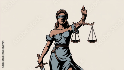 Themis goddess of justice holding scales and sword symbolizing law order and fairness in a neutral beige background