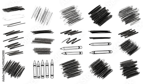 A set of black and white vector graphic illustrations of crayons and scribbles
