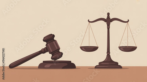 Justice scale and gavel on desk symbolizing law and order fairness and judgment in a courtroom setting with brown wooden objects