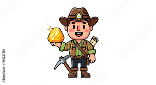 A cheerful cartoon miner holding a gold nugget and pickaxe wears a brown hat and outfit on a white background