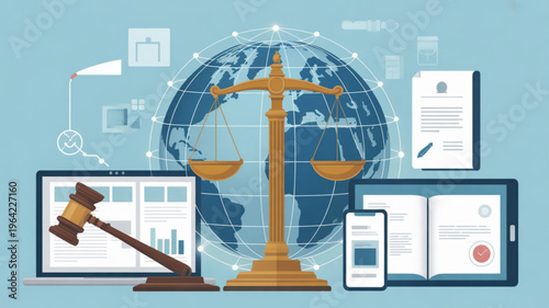 Law and justice concept with digital devices globe and legal documents on a blue background