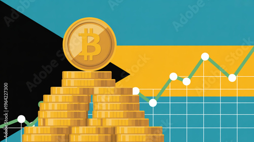 Golden bitcoin coin on stacked coins with graph and bahamian flag background symbolizing cryptocurrency wealth and financial growth