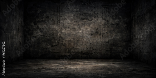An empty dark room interior features a weathered gray concrete wall and aged wood floor, creating a textured grunge backdrop with a vintage urban design