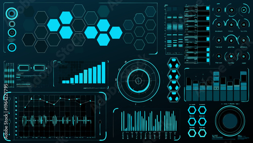 Futuristic user interface with glowing blue hexagonal and graphical elements