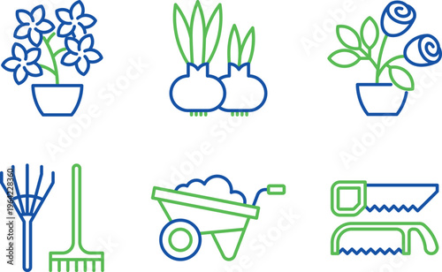 Colorful illustrations of gardening tools and potted plants