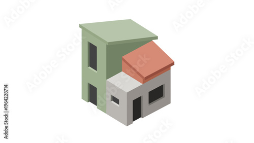 Colorful 3d illustration of a residential house structure made of small blocks and building cubes featuring a modern architectural design for a new property model icon.