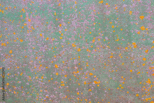 Green background with drops of yellow and pink.