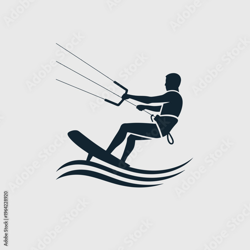 Person windsurfing on a board with control lines attached to a sail isolated on white background, Vector, illustration