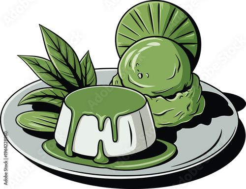 Matcha green tea dessert plate with leaves