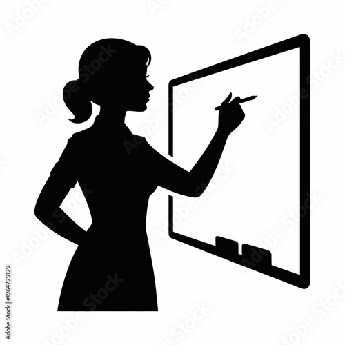 Teacher writing on interactive whiteboard with marker during a lesson isolated on white background, Vector, illustration