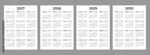 Calendar set for 2027, 2028, 2029, 2030 years. Week starts on Sunday. Simple modern editable vertical wall calendar template vector illustration