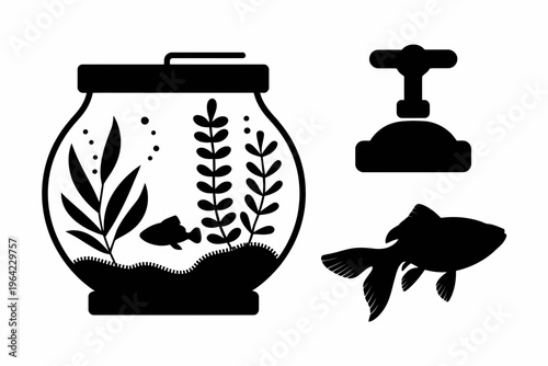 Black and white illustration of a fish tank with aquatic elements isolated on white background, Vector, illustration