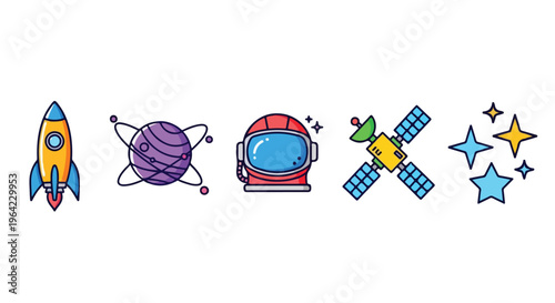 Modern Space Icon Set with Rocket, Planet, Astronaut Helmet, Satellite, and Stars. Isolated on white.